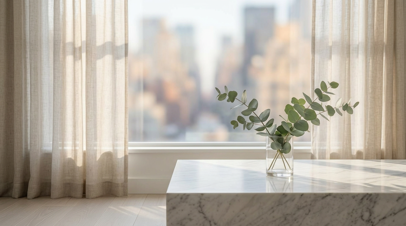 Sunlit Manhattan loft with linen drapery, marble surface, and eucalyptus